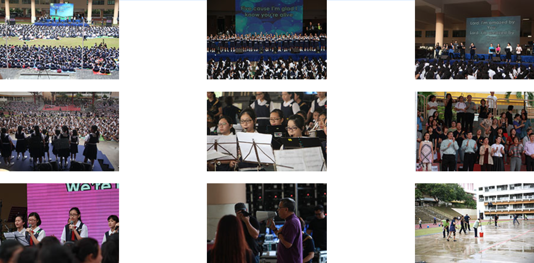 Nine photos showing school events with large student gatherings, choir performances, a band, and outdoor activities.